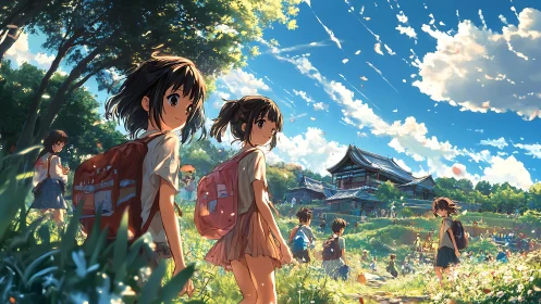 Summer schoolchildren crossing sunlit temple hillside path.