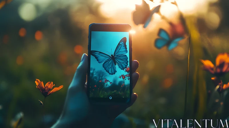 Smartphone captures luminous butterfly in golden meadow glow.
