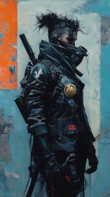 Cyberpunk soldier in tactical gear stands against painted wall