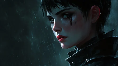 Profile portrait of short haired figure in rain at night.