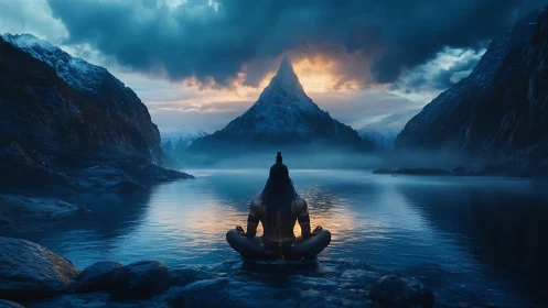 Mystic yogi contemplates a glowing mountain at twilight.