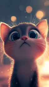 Wide-eyed kitten gazes upward through warm bokeh light.