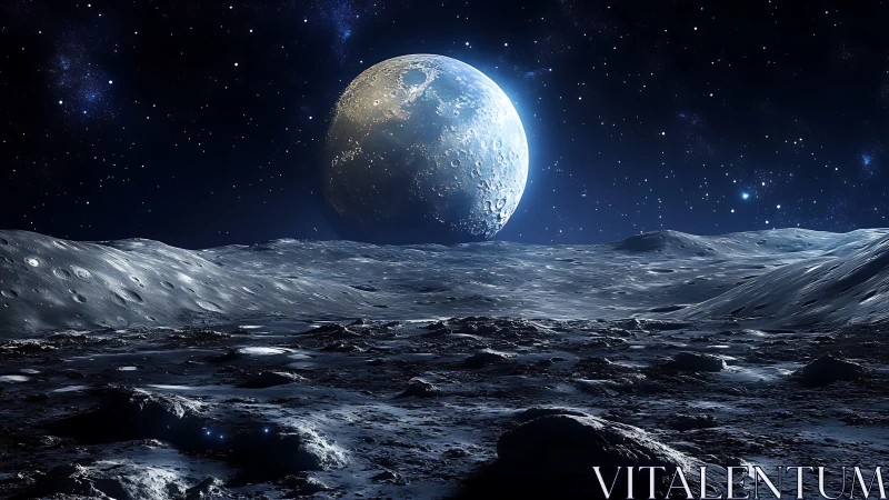 Lunar foreground shows cratered terrain under distant planet