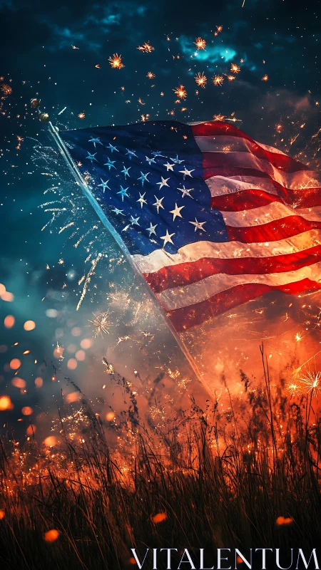 US flag waves over fireworks-lit field under deep night sky