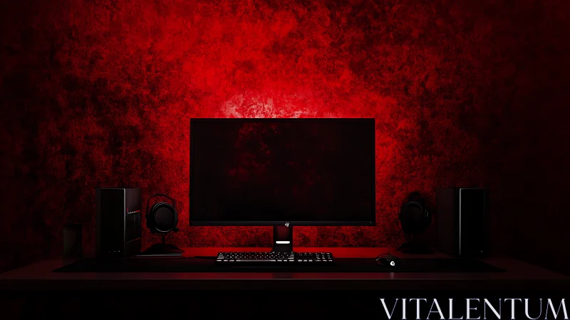 Minimal gaming battlestation glows against deep red wall