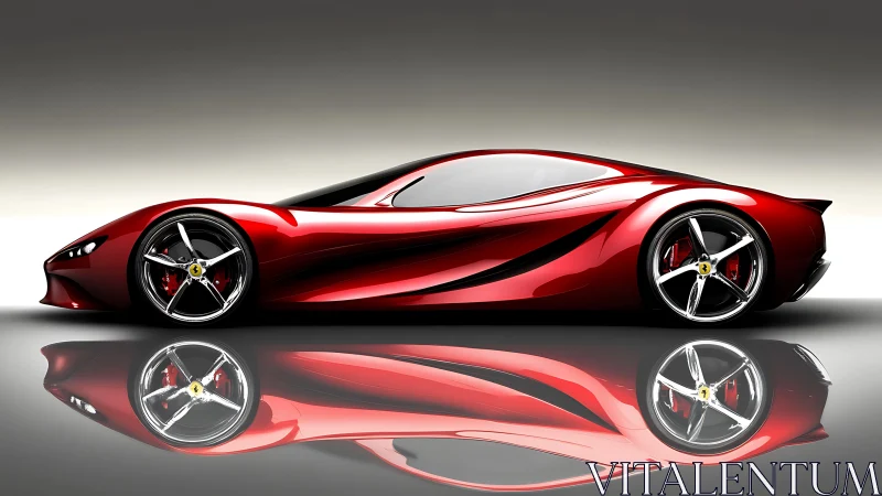 Red concept supercar reflects on glossy studio floor.