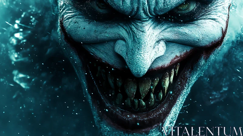 Sinister icy grin in a chilling close-up portrait.