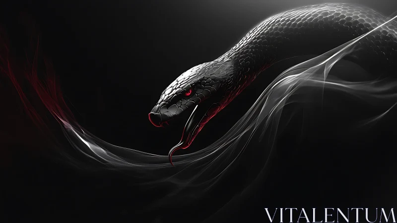 Digital serpent with red eyes emerging through smoke.