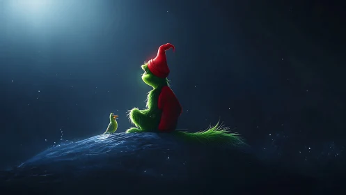Green furry character in rim-lit night scene with soft volumetrics