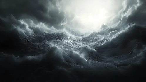 Storm-tossed ocean surges beneath glowing break in clouds