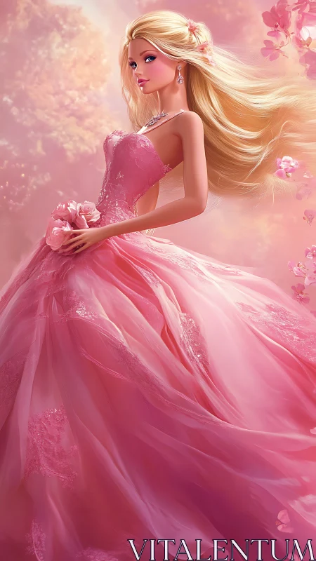 Digital rendering shows blonde woman in flowing pink gown