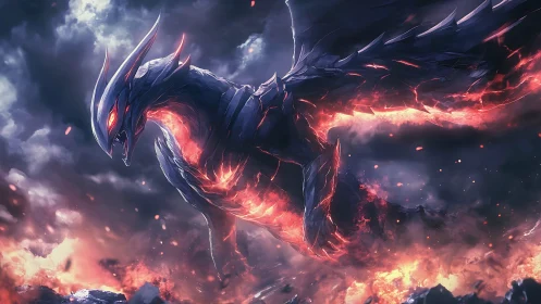 Molten sky dragon rises from storm clouds in blazing fire