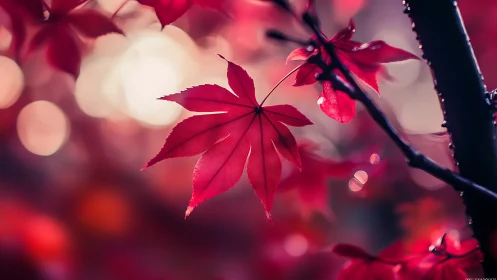 Red maple leaf hangs sharply focused against blurred light bokeh