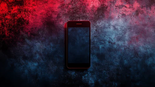 Smartphone on textured surface under red and blue light.