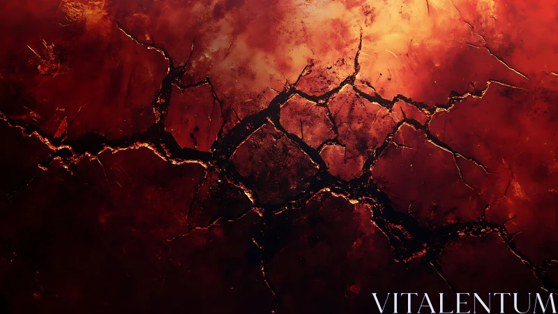 Burning cracked earth surface glows with molten fissures