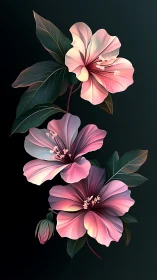 Pink Hibiscus Blooms Against Dark Botanical Canvas