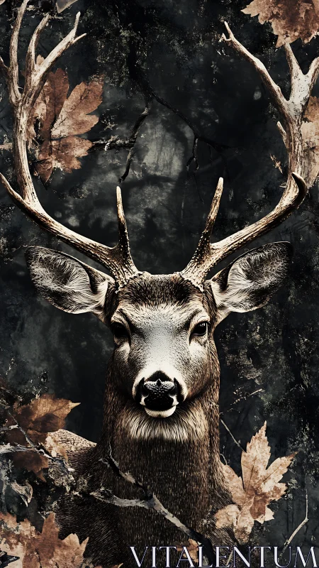 Stag portrait framed by autumn leaves in dark forest.