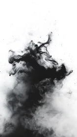 Black ink and smoke cloud rising on stark white background.