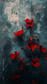 Red flowers climbing decaying teal wall with weathered texture