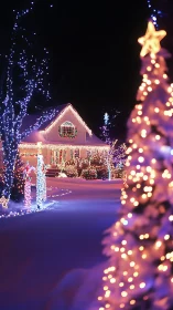 Snow-covered residential house is illuminated with dense lights