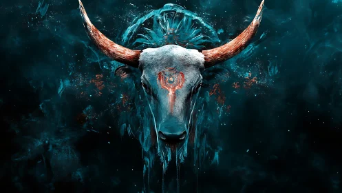 Bull skull front view is rendered in teal and orange tones