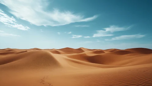 Sand dune field under clear blue sky with thin cloud cover.