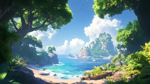 Tropical Coastline with Rocky Islets Beneath Verdant Canopy.