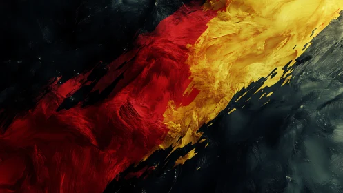 Abstract red and gold diagonal brushstroke over dark field.