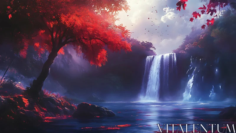 Crimson forest frames a luminous waterfall at twilight.
