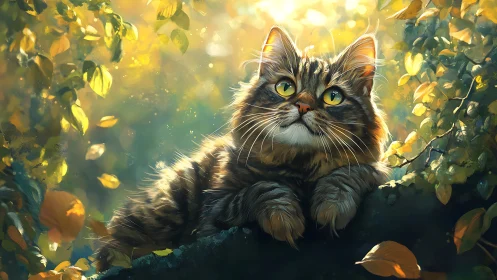 Luminous Forest Guardian Peers Through Golden Autumn Leaves