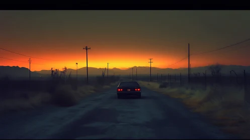 Quiet backroad drive into a glowing desert sunset sky.