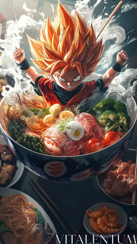 Anime warrior powers up over steaming ramen feast bowl.
