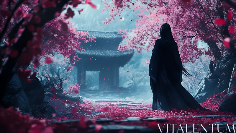 Solitary robed figure in misted cherry blossom shrine path
