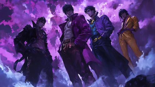 Stylish anime quartet standing bold in glowing purple mist.
