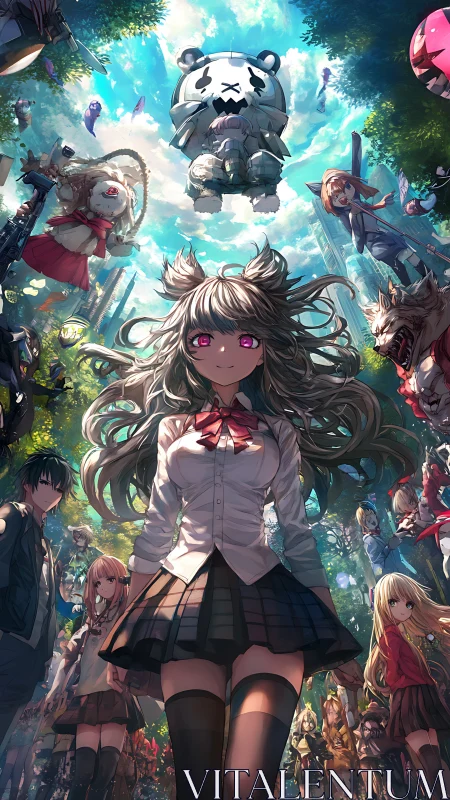 Pink-eyed rebel schoolgirl under chaos of haunted balloons.