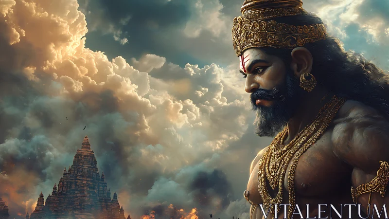 Colossal mythic warrior rendered against storm-lit temple sky