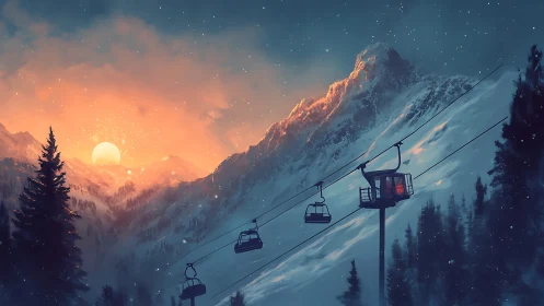 Cable lift crosses snowy mountain slope at sunset