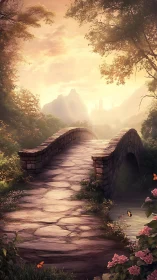 Sunlit stone bridge spans reflective stream in hazy fantasy valley