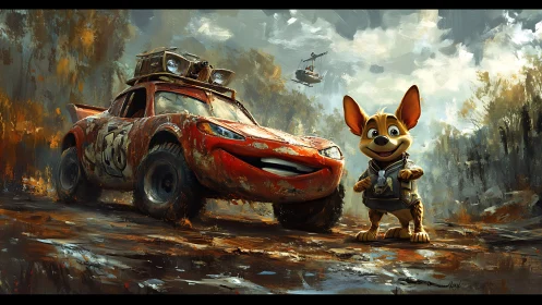 Cheerful dog adventurer poses beside muddy racing car in wild forest
