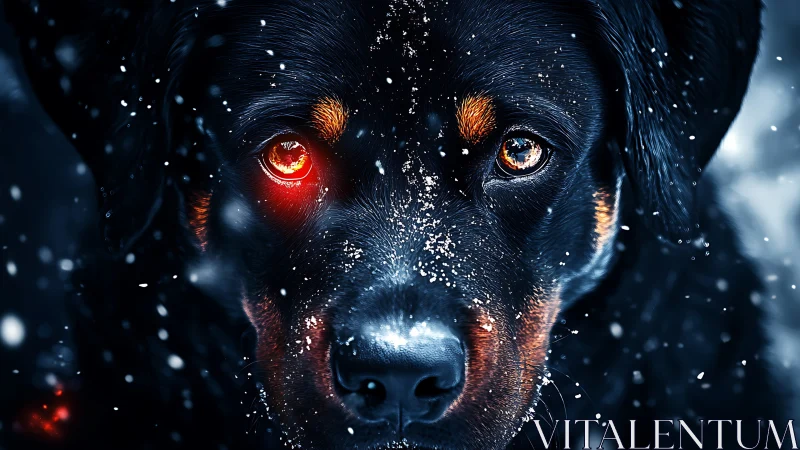 Cyber-eyed Rottweiler stares through swirling winter snow.