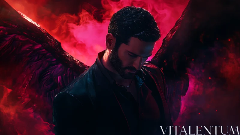 Winged male figure in red and black atmospheric lighting.