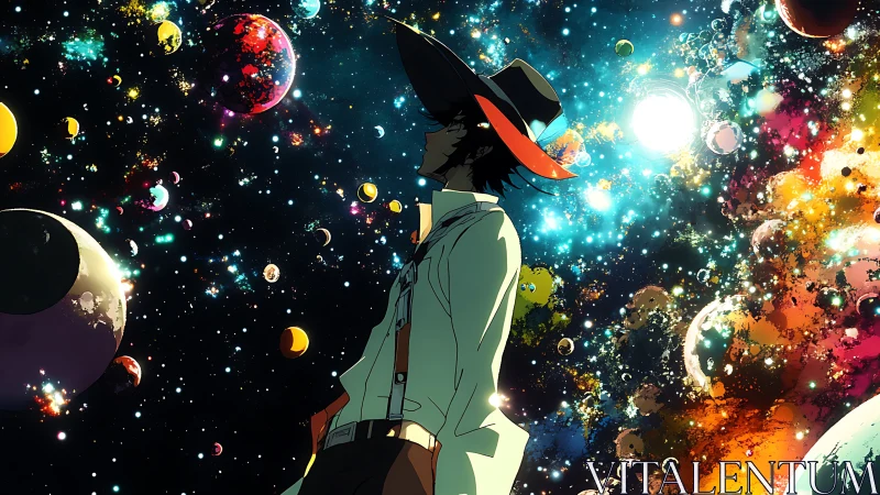 Silhouetted space drifter surveys multicolored nebular starfield