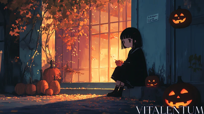 Girl on doorstep with pumpkins and lanterns at dusk.