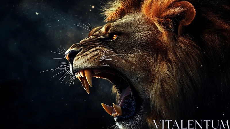 Roaring lion in glowing starlit darkness, fierce yet noble.