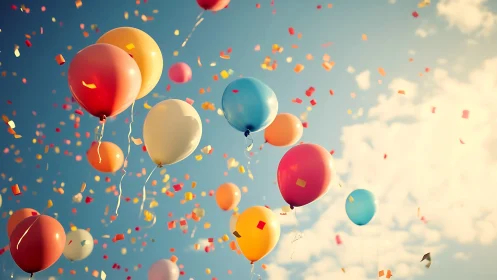 Ascending Balloons Against Blue Sky with Confetti.