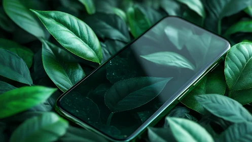 Eco-inspired smartphone on vibrant macro foliage surface.