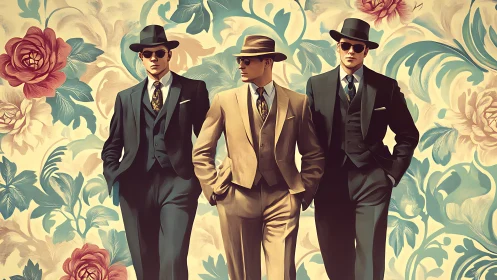 Stylish suited men stride confidently before floral backdrop