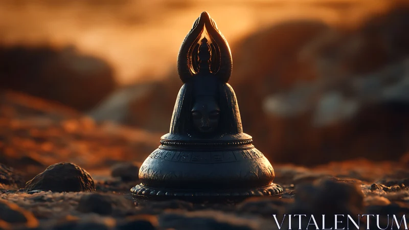 Bronze idol with sculpted face on rocky ground at sunset.