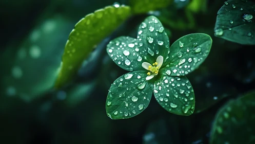 Dew-kissed green flower glows softly in lush morning light.