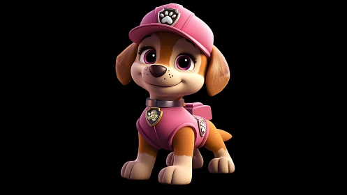 Cute cartoon rescue puppy in pink uniform on black background.